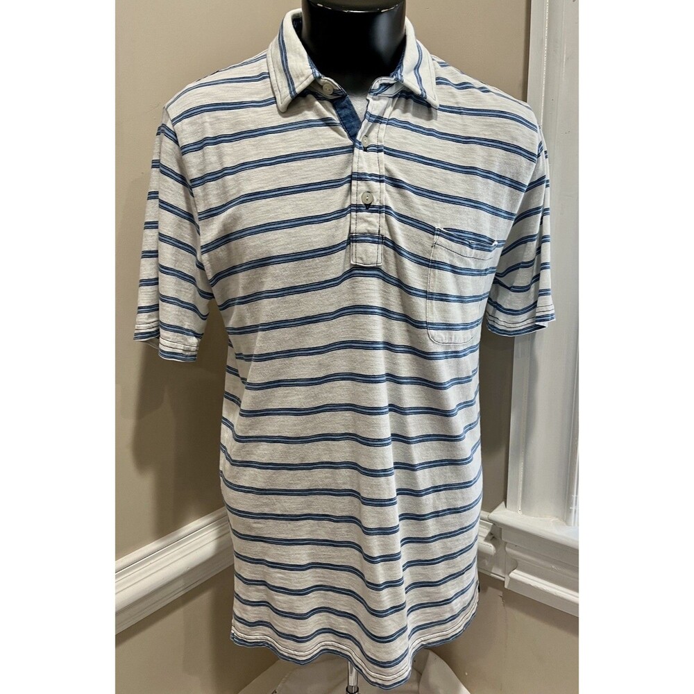 Faherty Polo Shirt Mens Large Striped Indigo Dyed Cotton Pocket Preppy Golf